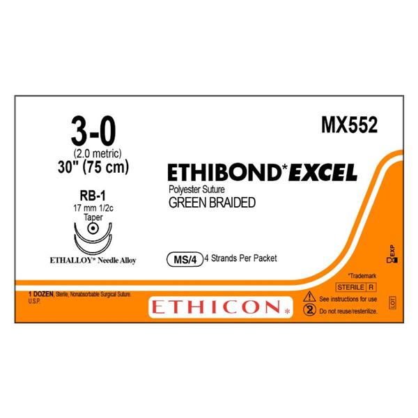 Ethicon Inc,a J & J Company Suture 3-0 Polyester Rb-1 Ethibond Excel Green 4-30" Braid 12/Bx - MX552