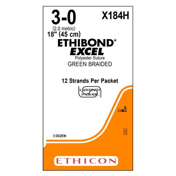 Ethicon Inc,a J & J Company Suture 3-0 Polyester No Needle Ethibond Excel Green 12-18" Braid 36/Bx - X184H