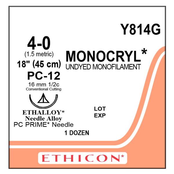 Ethicon Inc,a J & J Company Suture 4-0 Poliglecaprone 25 Pc-12 Monocryl Undyed 18" Monofilament 12/Bx - Y814G