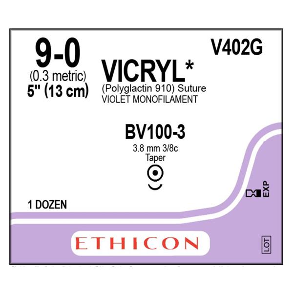 Ethicon Inc,a J & J Company Suture 9-0 Polyglactin 910 Bv100-3 Vicryl Violet 5" Braid 12/Bx - V402G