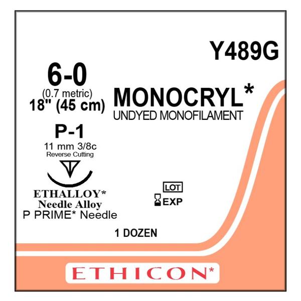 Ethicon Inc,a J & J Company Suture 6-0 Poliglecaprone 25 P-1 Monocryl Undyed 18" Monofilament 12/Bx - Y489G