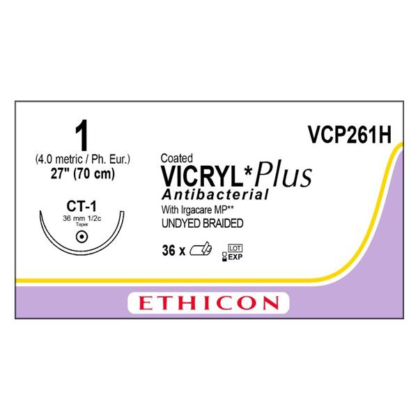 Ethicon Inc,a J & J Company Suture 1 Triclosan/Polyglactin 910 Ct-1 Vicryl Plus Undyed 27" Braid 36/Bx - VCP261H
