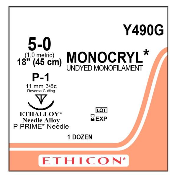 J&J Dental Suture 5-0 Poliglecaprone 25 P-1 Monocryl Undyed 18" Monofilament 12/Bx - Y490G