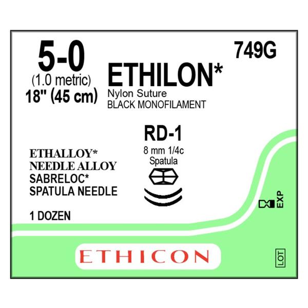 Ethicon Inc,a J & J Company Suture 5-0 Nylon Rd-1/Rd-1 Ethilon Black 1X18" Double Arm Monofilament 12/Bx - 749G