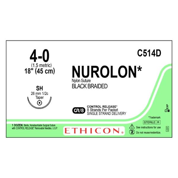 Ethicon Inc,a J & J Company Suture 4-0 Nylon Sh Nurolon Black 8-18" Braid Bx - C514D