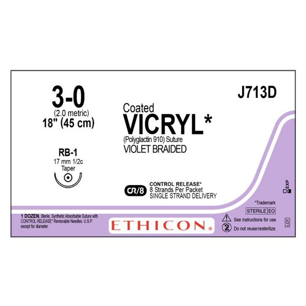 Ethicon Inc,a J & J Company Suture 3-0 Polyglactin 910 Rb-1 Vicryl Violet 8-18" Braid 12/Bx - J713D