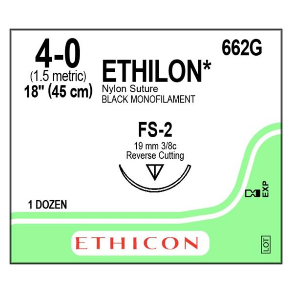Ethicon Inc,a J & J Company Suture 4-0 Nylon Fs-2 Ethilon Black 18" Monofilament 12/Bx - 662G