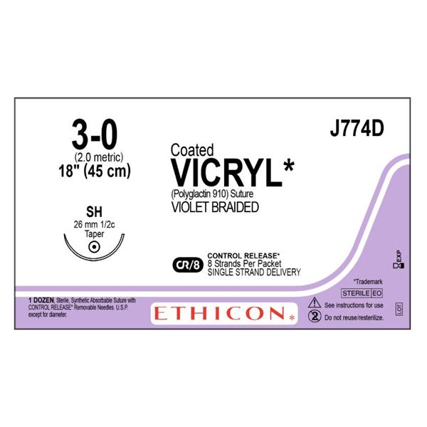 Ethicon Inc,a J & J Company Suture 3-0 Polyglactin 910 Sh Vicryl Violet 8-18" Braid 12/Bx - J774D