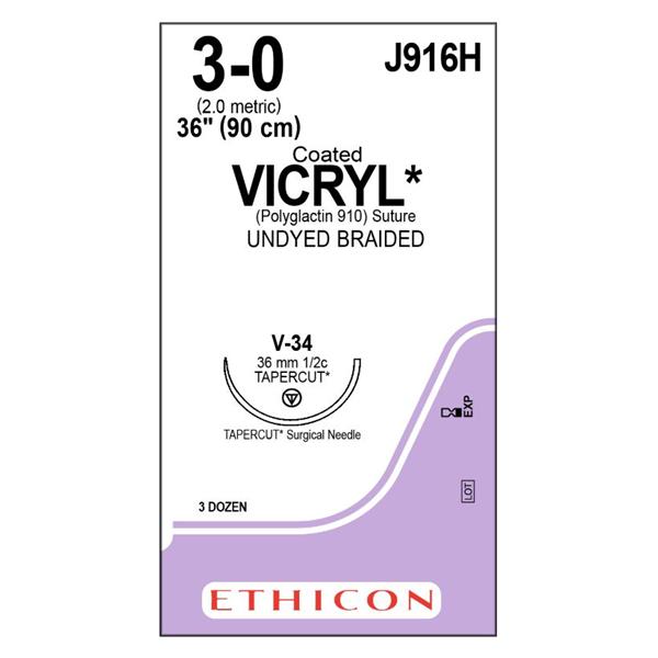Ethicon Inc,a J & J Company Suture 3-0 Polyglactin 910 V-34 Vicryl Undyed 36" Braid 36/Bx - J916H