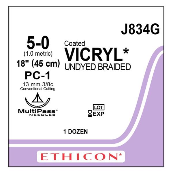 Ethicon Inc,a J & J Company Suture 5-0 Polyglactin 910 Pc-1 Vicryl Undyed 18" Braid 12/Bx - J834G