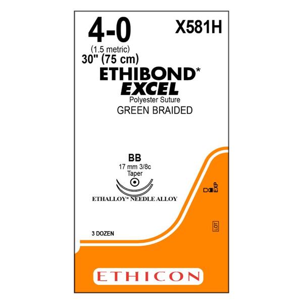 Ethicon Inc,a J & J Company Suture 4-0 Polyester Bb/Bb Ethibond Excel Green 30" Double Arm Braid Bx - X581H