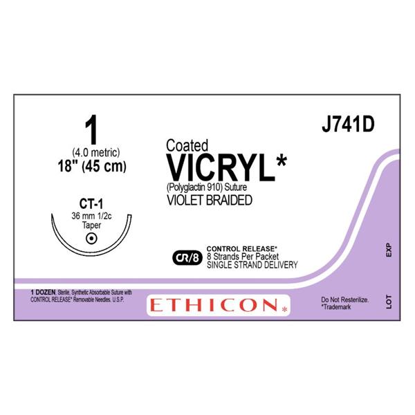 Ethicon Inc,a J & J Company Suture 1 Polyglactin 910 Ct-1 Vicryl Violet 8-18" Braid Bx - J741D