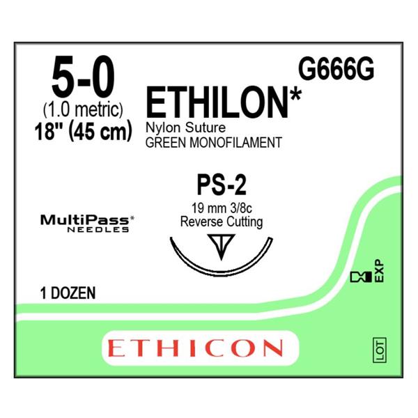 Ethicon Inc,a J & J Company Suture 5-0 Nylon Ps-2 Ethilon Green 18" Monofilament 12/Bx - G666G