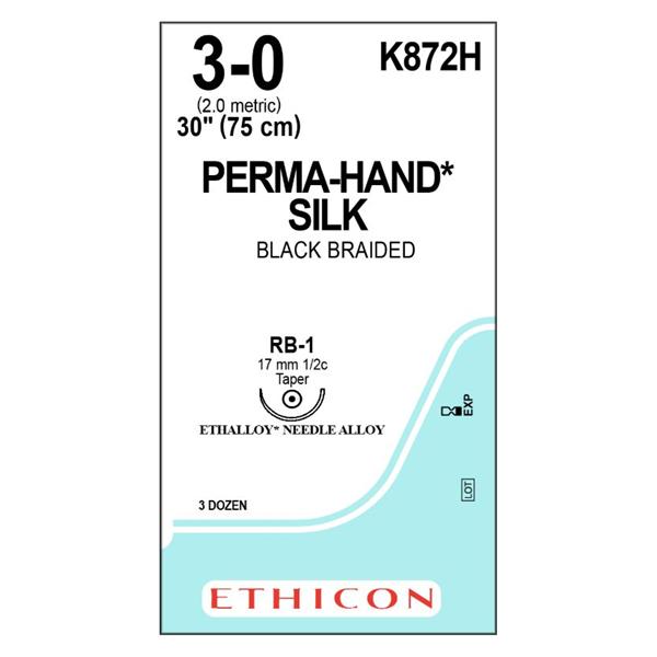 Ethicon Inc,a J & J Company Suture 3-0 Silk Rb-1 Perma-Hand Black 30" Braid 36/Bx - K872H