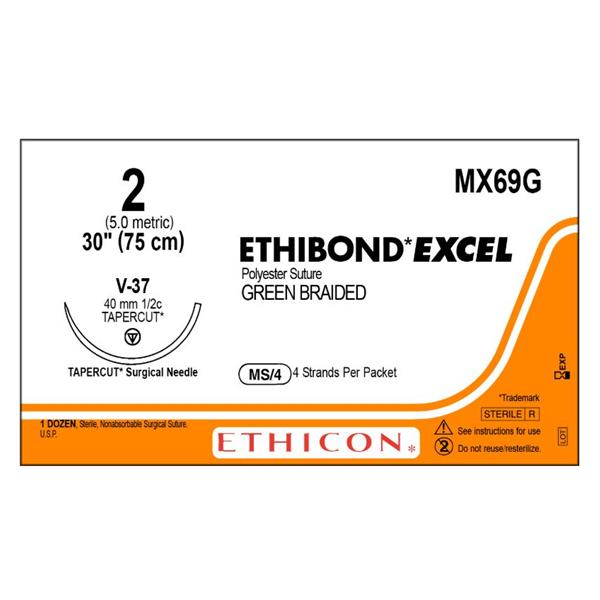 Ethicon Inc,a J & J Company Suture 2 Polyester V-37 Ethibond Excel Green 4X30" Braid 12/Bx - MX69G