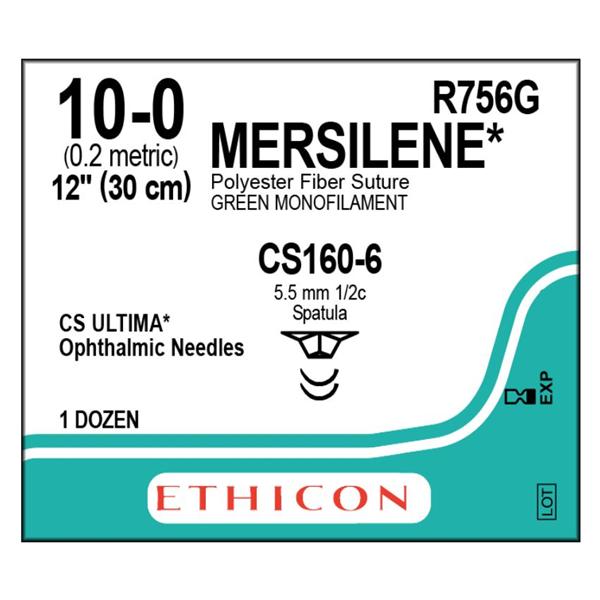 Ethicon Inc,a J & J Company Suture 10-0 Polyester Cs160-6/Cs160-6 Mersilene Green 12" Double Arm Braid Bx - R756G