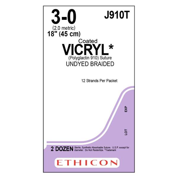 Ethicon Inc,a J & J Company Suture 3-0 Polyglactin 910 No Needle Vicryl Undyed 12-18" Braid 24/Bx - J910T