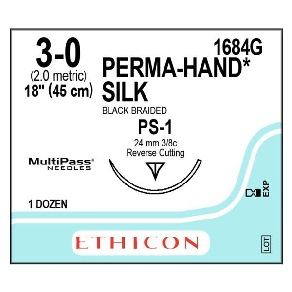 Ethicon Inc,a J & J Company Suture 3-0 Silk Ps-1 Perma-Hand Black 18" Braid 12/Bx - 1684G