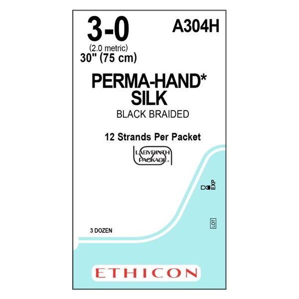Ethicon Inc,a J & J Company Suture 3-0 Silk No Needle Perma-Hand Black 12-30" Braid 36/Bx - A304H