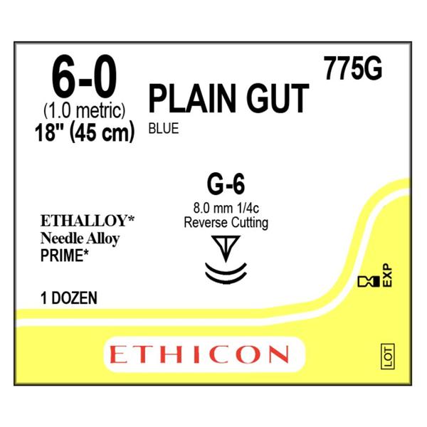 Ethicon Inc,a J & J Company Suture 6-0 Plain Gut G-6/G-6 Blue 1X18" Double Arm Monofilament 12/Bx - 775G