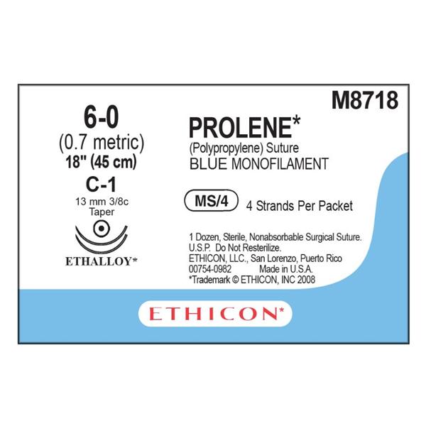 Ethicon Inc,a J & J Company Suture 6-0 Pp C-1/C-1 Prolene Blue 4-18" Double Arm Monofilament 12/Bx - M8718