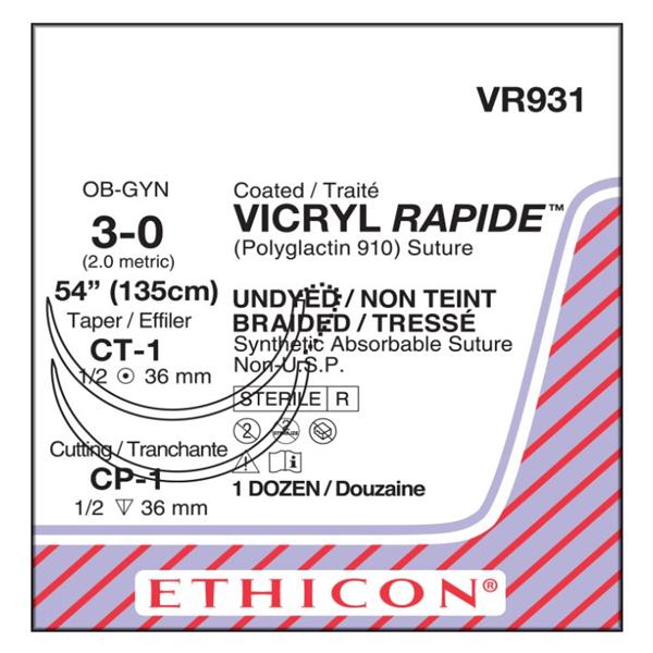 Ethicon Inc,a J & J Company Suture 3-0 Pg910 Cp-1/Ct-1 Vicryl Rapide Undyed 54" Double Arm Braid 12/Bx - VR931