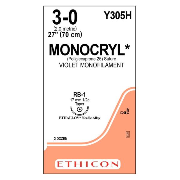 Ethicon Inc,a J & J Company Suture 3-0 Poliglecaprone 25 Rb-1 Monocryl Violet 27" Monofilament 36/Bx - Y305H