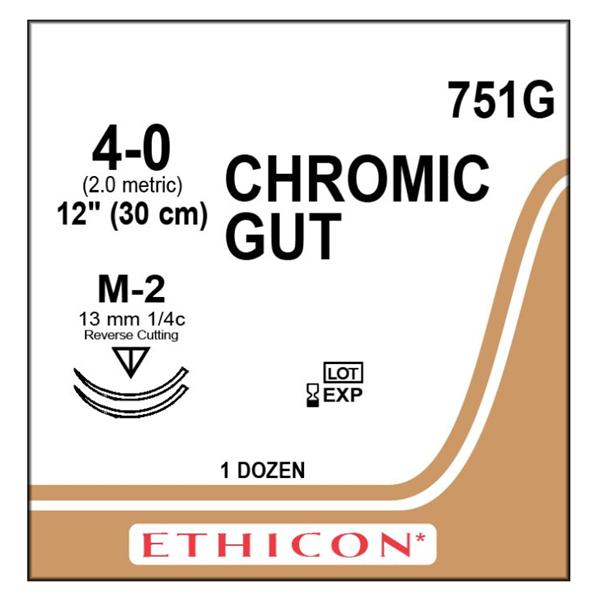 Ethicon Inc,a J & J Company Suture 4-0 Chromic Gut M-2/M-2 Brown 1X12" Double Arm Monofilament 12/Bx - 751G