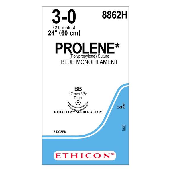 Ethicon Inc,a J & J Company Suture 3-0 Polypropylene Bb/Bb Prolene Blue 24" Double Arm Monofilament 36/Bx - 8862H
