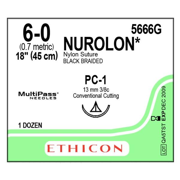 Ethicon Inc,a J & J Company Suture 6-0 Nylon Pc-1 Nurolon Black 18" Braid 12/Bx - 5666G