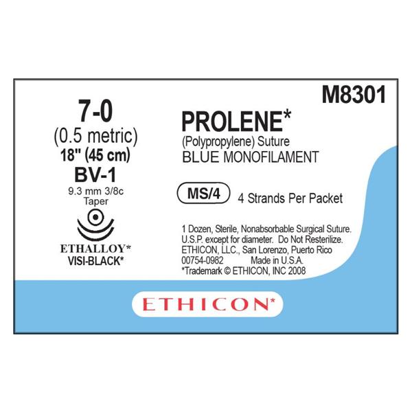 Ethicon Inc,a J & J Company Suture 7-0 Pp Bv-1/Bv-1 Prolene Blue 4-18" Double Arm Monofilament 12/Bx - M8301