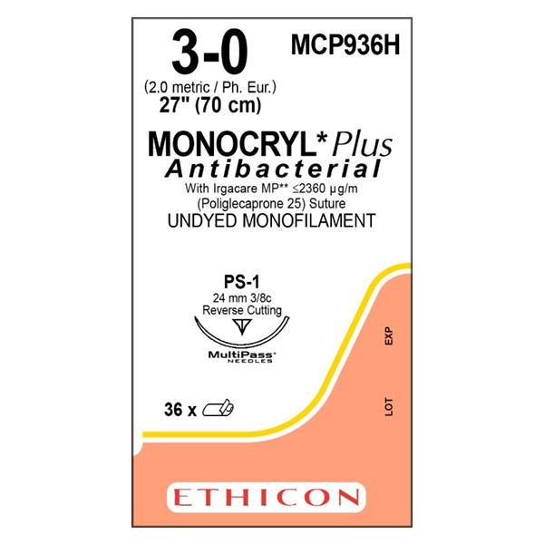 Ethicon Inc,a J & J Company Suture 3-0 Tcs/Pcl25 Ps-1 Monocryl Plus Undyed 27" Monofilament 36/Bx - MCP936H