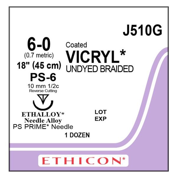 Ethicon Inc,a J & J Company Suture 6-0 Polyglactin 910 Ps-6 Vicryl Undyed 18" Braid 12/Bx - J510G