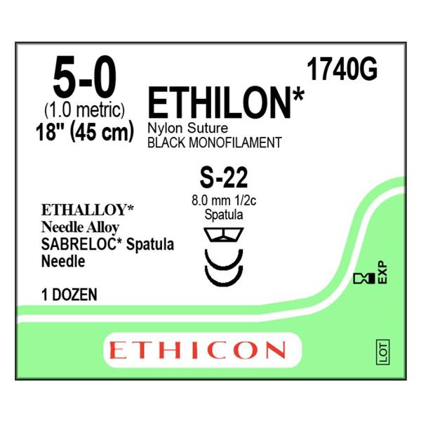 Ethicon Inc,a J & J Company Suture 5-0 Nylon S-22/S-22 Ethilon Black 1X18" Double Arm Monofilament 12/Bx - 1740G