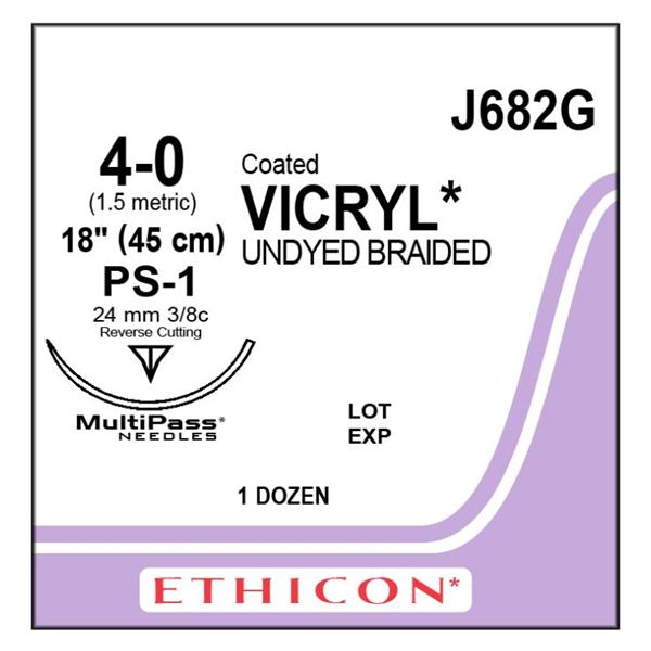Ethicon Inc,a J & J Company Suture 4-0 Polyglactin 910 Ps-1 Vicryl Undyed 18" Braid 12/Bx - J682G
