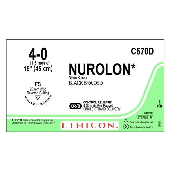 Ethicon Inc,a J & J Company Suture 4-0 Nylon Fs Nurolon Black 8X18" Braid Bx - C570D