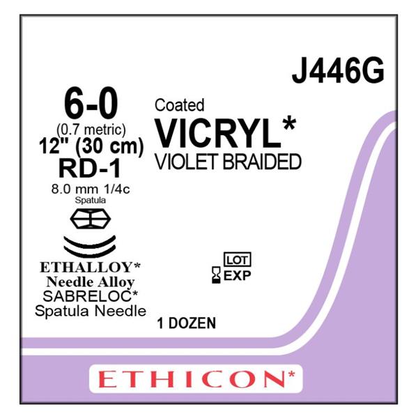 Ethicon Inc,a J & J Company Suture 6-0 Polyglactin 910 Rd-1/Rd-1 Vicryl Violet 1X12" Double Arm Braid 12/Bx - J446G