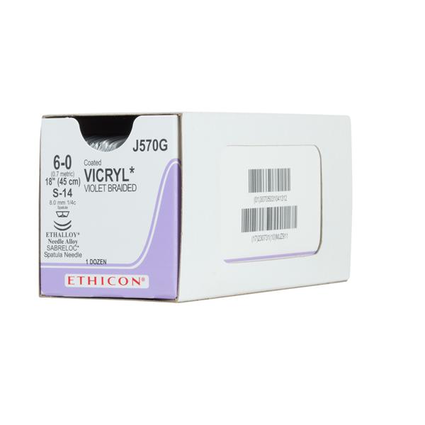Ethicon Inc,a J & J Company Suture 6-0 Polyglactin 910 S-14/S-14 Vicryl Violet 18" Double Arm Braid 12/Bx - J570G