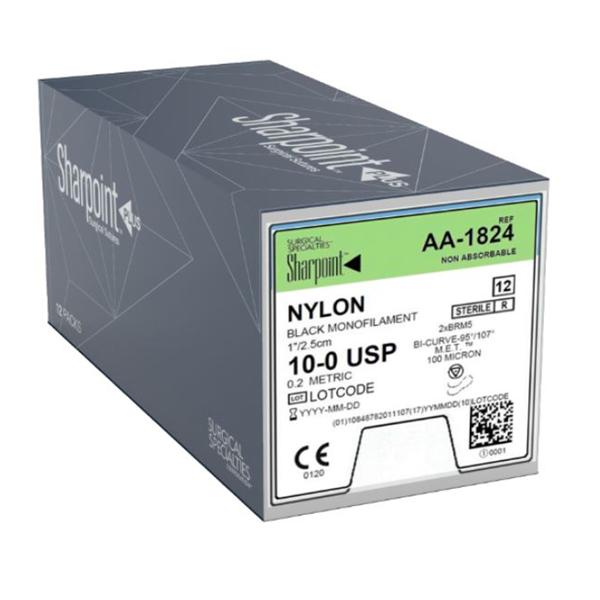 Look/Div Surgical Specialties Suture 10-0 Nylon Brm-5/Brm-5 Sharpoint Black 1" Double Arm Monofilament 12/Bx - AA-1824