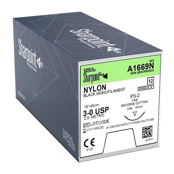 Look/Div Surgical Specialties Suture 3-0 Nylon Ps-2 Sharpoint Plus Black 18" Monofilament 12/Bx - A1669N