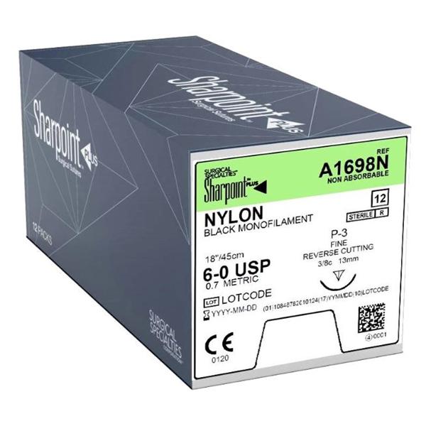 Look/Div Surgical Specialties Suture 6-0 Nylon Ps-3 Sharpoint Plus Black 18" Monofilament 12/Bx - A1698N