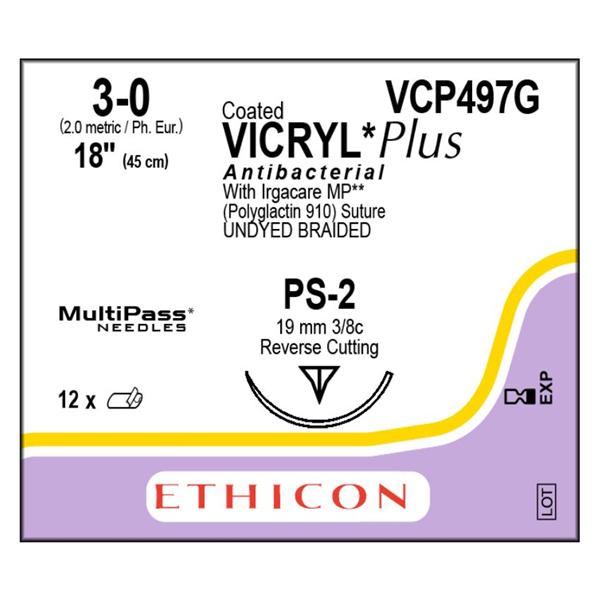 Ethicon Inc,a J & J Company Suture 3-0 Triclosan/Polyglactin 910 Ps-2 Vicryl Plus Undyed 18" Braid 12/Bx - VCP497G