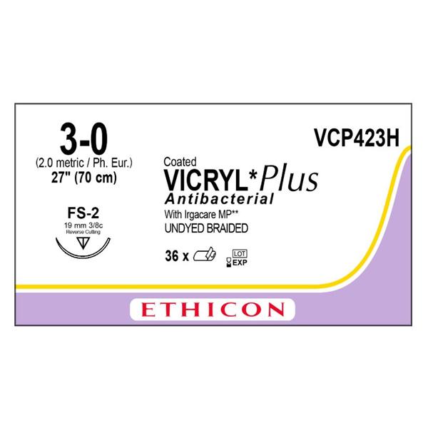 Ethicon Inc,a J & J Company Suture 3-0 Triclosan/Polyglactin 910 Fs-2 Vicryl Plus Undyed 27" Braid 36/Bx - VCP423H