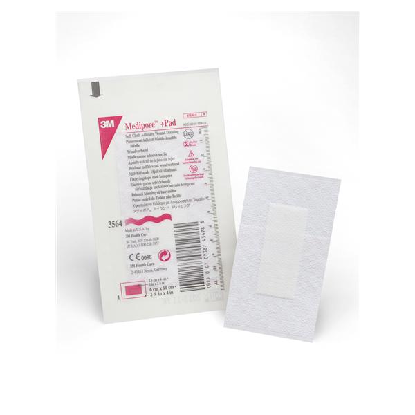 3M Healthcare Dressing Wound Medipore +Pad Soft Cloth 2-3/8X4" Strl Adhesive White Lf 50/Box, 4 Bx/Ca - 3564