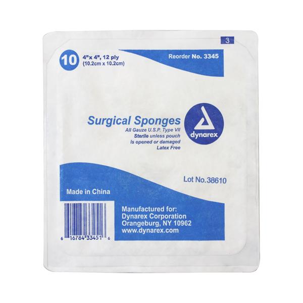 Dynarex Corporation Sponge Surgical Gauze 100% Cotton 8X4" 12 Ply Sterile Lf 1000/Ca - 3344
