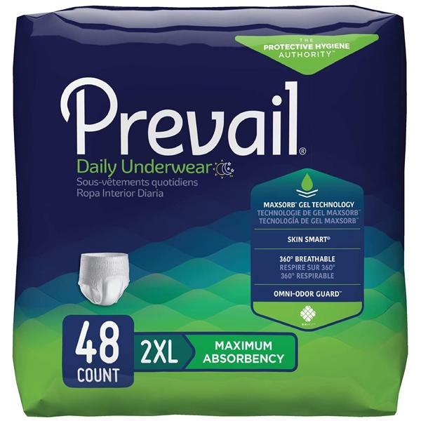 First Quality Products Underwear Prevail Adult Unisex 2Xl 68-80" Extra Odor Guard White 48/Ca - PV-517