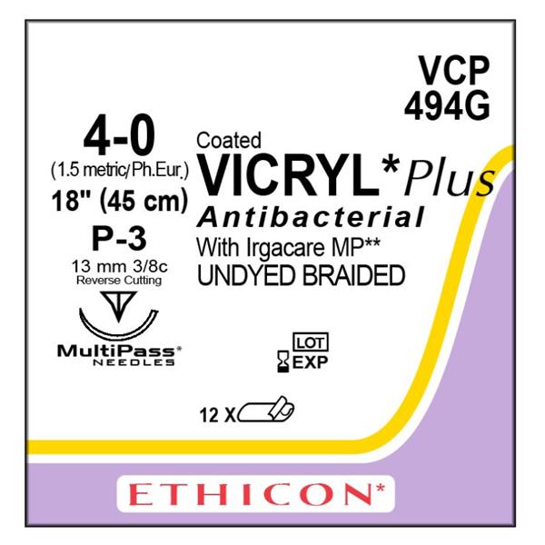 Ethicon Inc,a J & J Company Suture 4-0 Triclosan/Polyglactin 910 P-3 Vicryl Plus Undyed 18" Braid 12/Bx - VCP494G