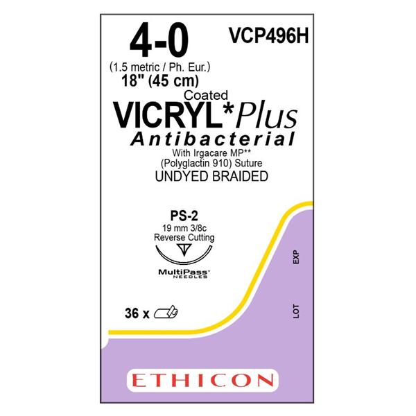 Ethicon Inc,a J & J Company Suture 4-0 Triclosan/Polyglactin 910 Ps-2 Vicryl Plus Undyed 18" Braid 36/Bx - VCP496H