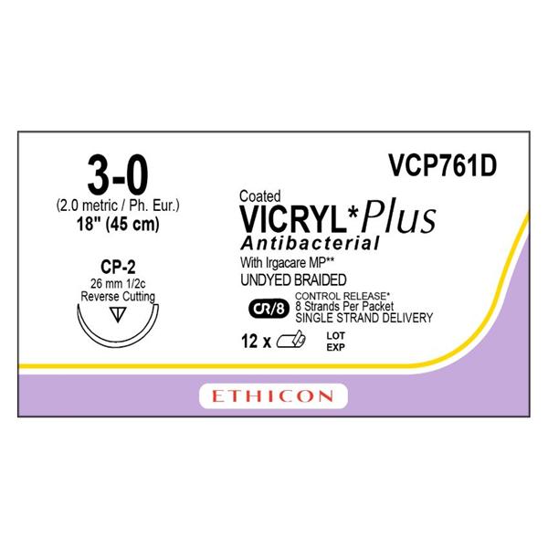Ethicon Inc,a J & J Company Suture 3-0 Triclosan/Polyglactin 910 Cp-2 Vicryl Plus Undyed 8-18" Braid 12/Bx - VCP761D