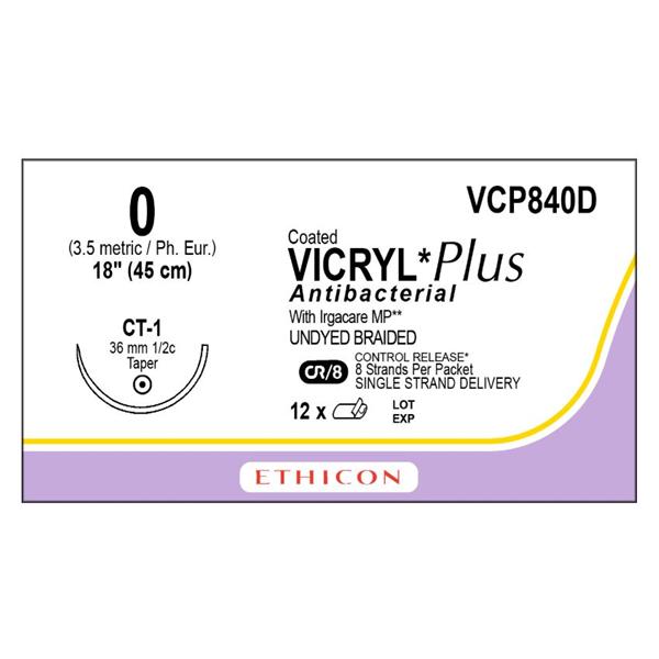 Ethicon Inc,a J & J Company Suture 0 Triclosan/Polyglactin 910 Ct-1 Vicryl Plus Undyed 8-18" Braid 12/Bx - VCP840D